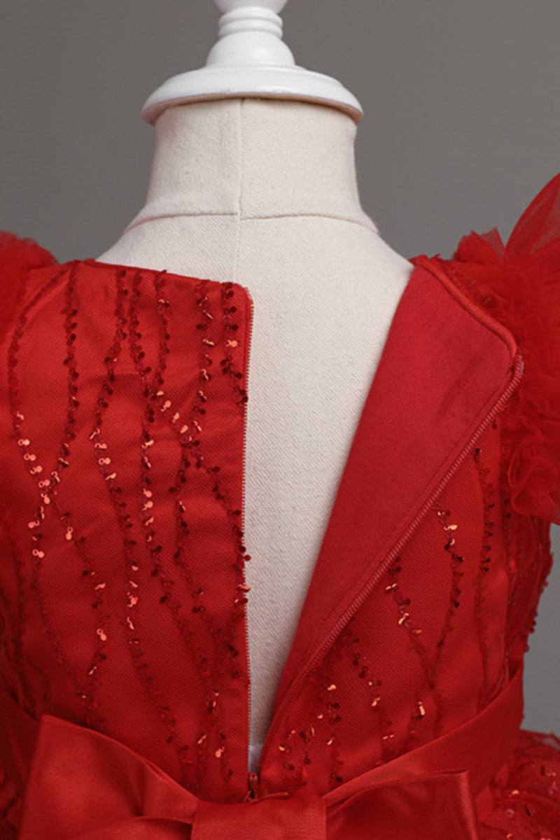 Afbeelding in Gallery-weergave laden, A lijn juweel hals rood meisje jurk met bowknot