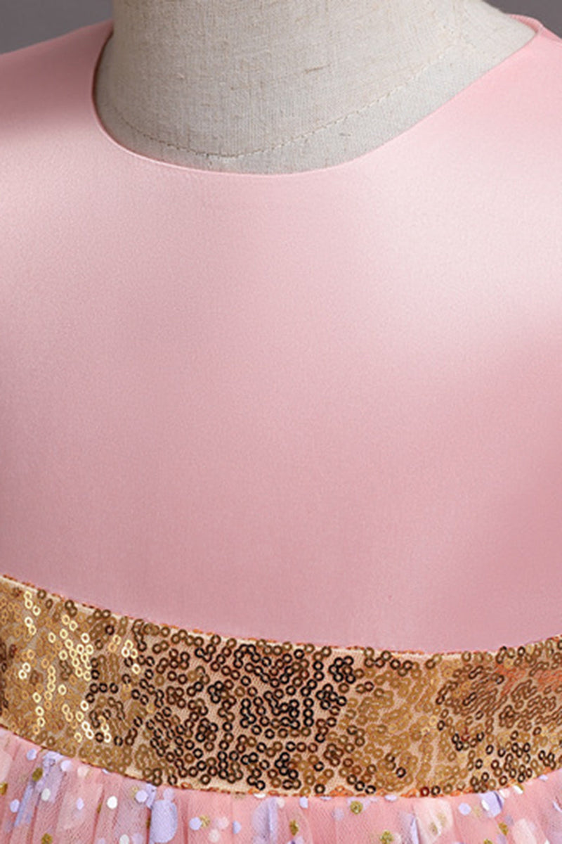 Afbeelding in Gallery-weergave laden, A lijn juweel hals roze meisje feestjurk met appliques