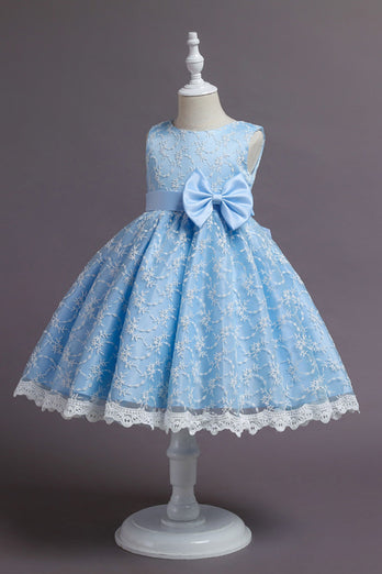 Blauwe A Line mouwloze strik meisjes jurk met kant