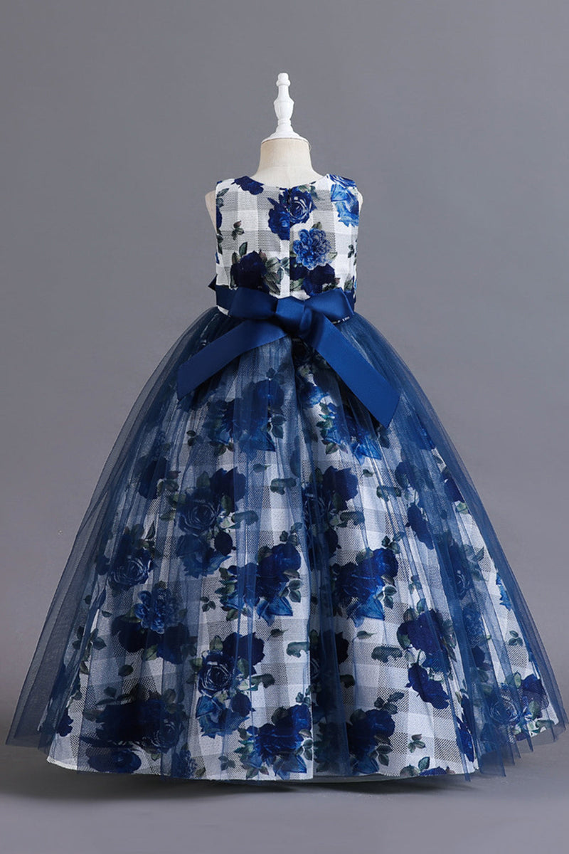 Afbeelding in Gallery-weergave laden, Blauwe bloem tule lange meisjes jurk met ruches