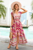 Rode Bloemen Boho Maxi Jurk met Split