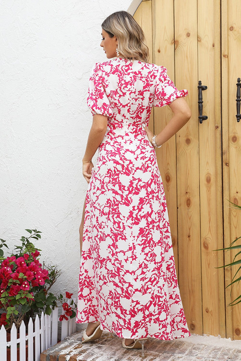 Afbeelding in Gallery-weergave laden, Rode bedrukte lange zomer casual jurk met split