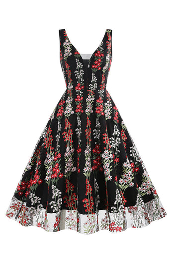 Zwarte Swing jaren 1950 jurk met borduurwerk