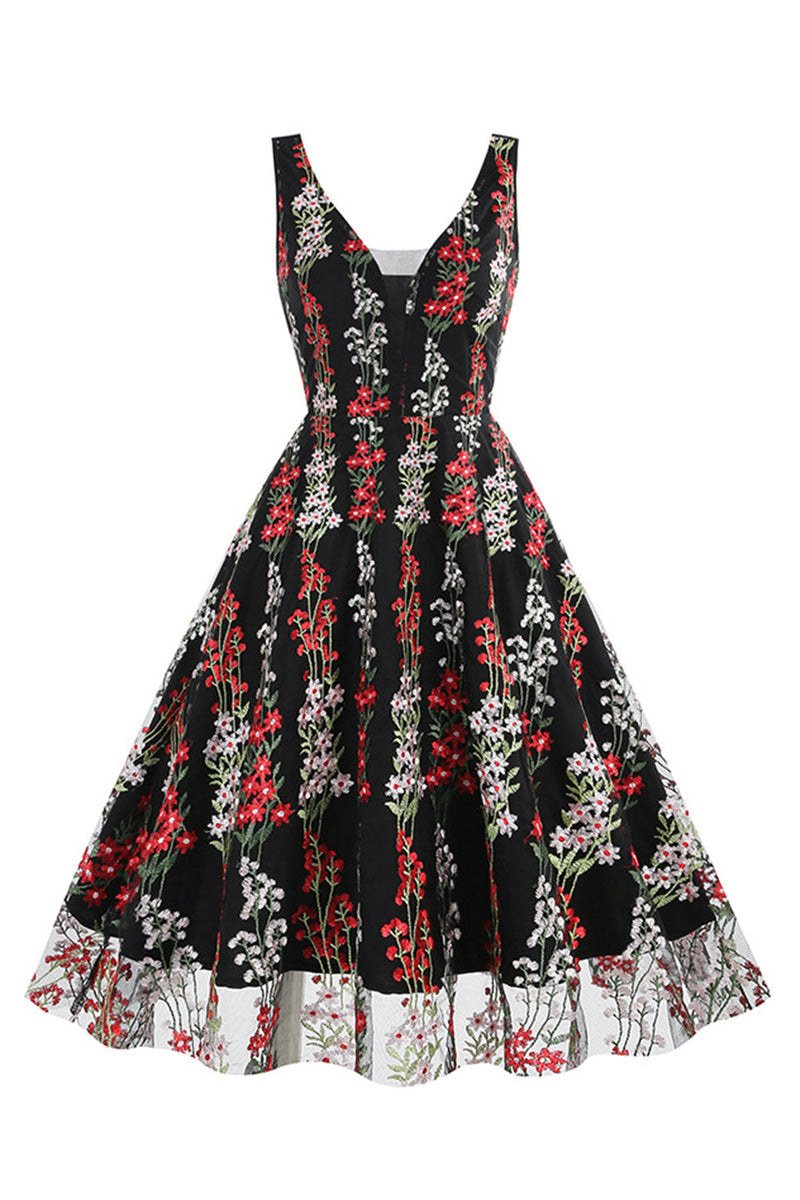 Afbeelding in Gallery-weergave laden, Zwarte Swing jaren 1950 jurk met borduurwerk