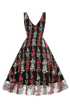 Zwarte Swing jaren 1950 jurk met borduurwerk
