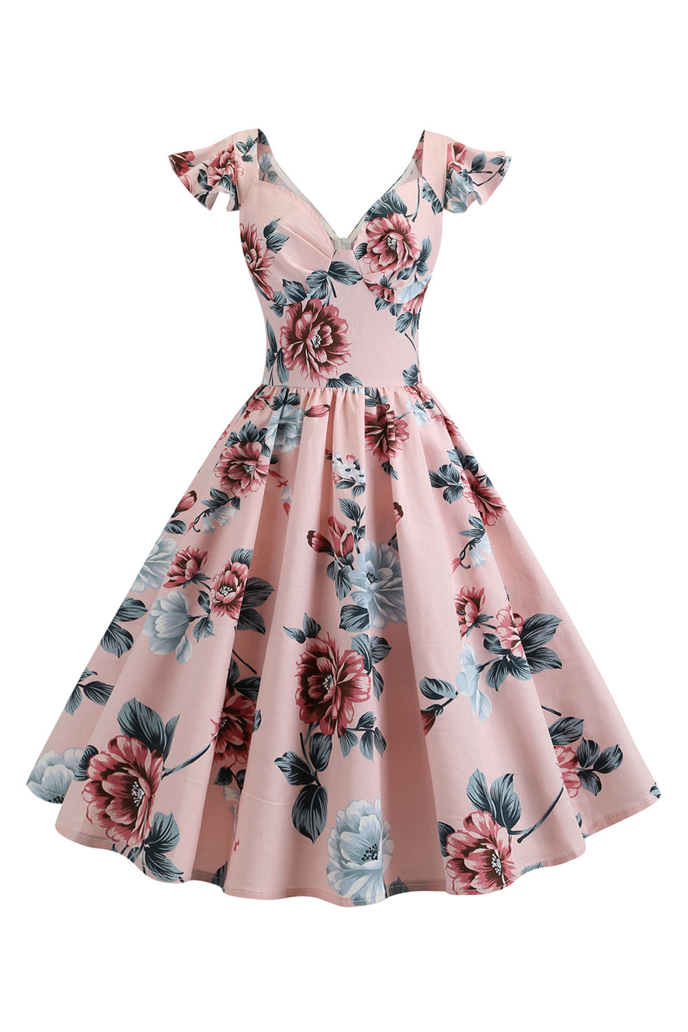 Roze bloemen bedrukte swing jaren 1950 jurk
