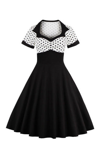 Zwarte Polka Dots Swing jaren 1950 jurk met korte mouwen