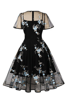 Swing Zwarte jaren 1950 jurk met borduurwerk