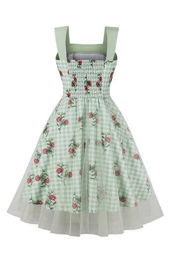 Groene geruite schommel jaren 1950 jurk met bloemen bedrukt