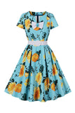 blauwe bloem print korte mouwen vintage jurk