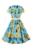 Afbeelding in Gallery-weergave laden, blauwe bloem print korte mouwen vintage jurk