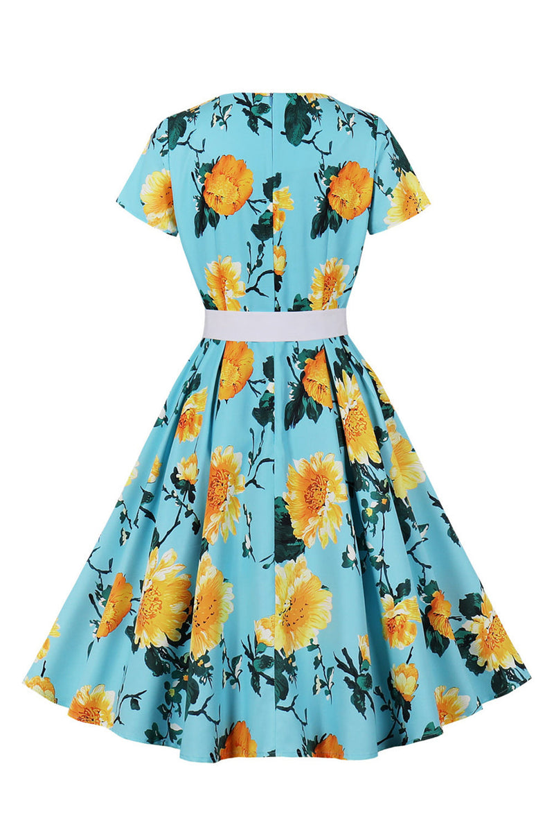 Afbeelding in Gallery-weergave laden, blauwe bloem print korte mouwen vintage jurk