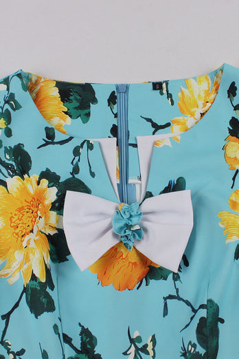 blauwe bloem print korte mouwen vintage jurk