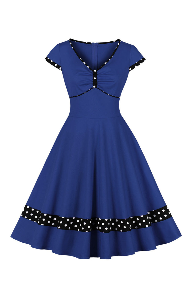 Afbeelding in Gallery-weergave laden, Donkerblauwe V-hals Polka Dots Swing 1950s Jurk