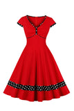 Donkerblauwe V-hals Polka Dots Swing 1950s Jurk