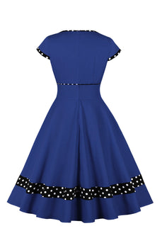 Donkerblauwe V-hals Polka Dots Swing 1950s Jurk