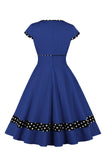 Donkerblauwe V-hals Polka Dots Swing 1950s Jurk