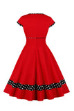 Donkerblauwe V-hals Polka Dots Swing 1950s Jurk