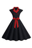 Afbeelding in Gallery-weergave laden, Zwarte stippen swing jaren 1950 jurk met strik