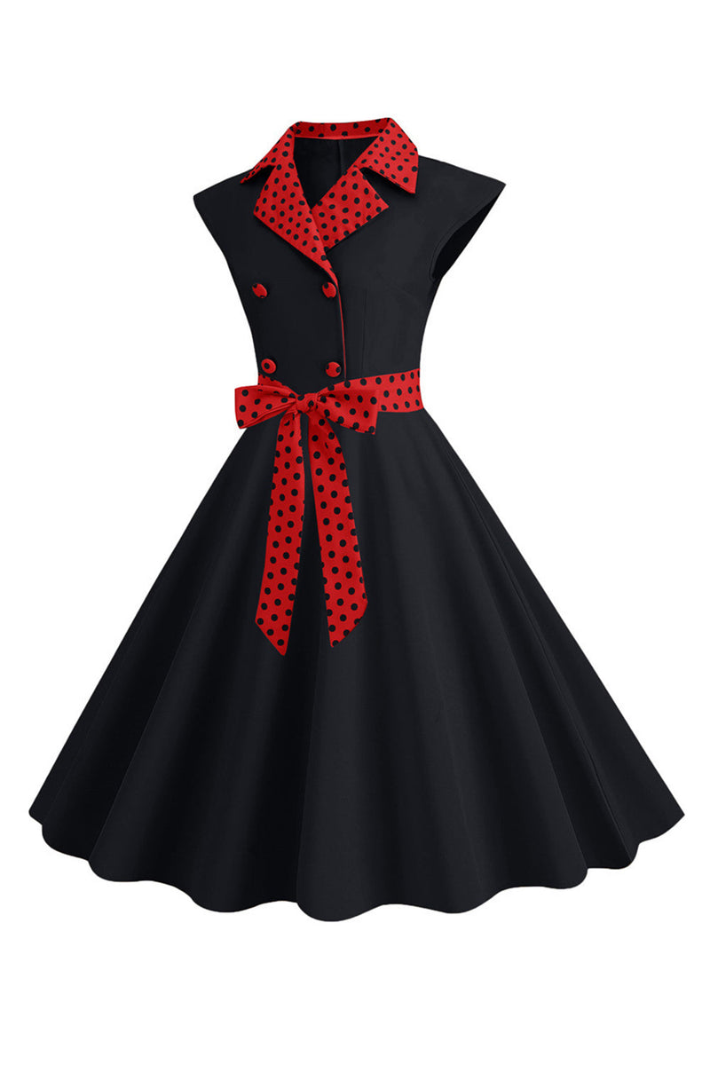 Afbeelding in Gallery-weergave laden, Zwarte stippen swing jaren 1950 jurk met strik