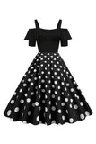 Zwarte Koude Schouder Polka Dots 1950s Jurk