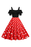 Zwarte Koude Schouder Polka Dots 1950s Jurk