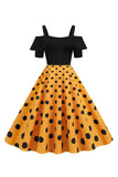 Zwarte Koude Schouder Polka Dots 1950s Jurk