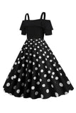 Zwarte Koude Schouder Polka Dots 1950s Jurk