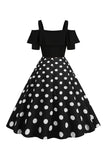 Zwarte Koude Schouder Polka Dots 1950s Jurk