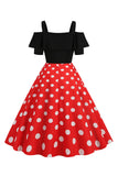 Zwarte Koude Schouder Polka Dots 1950s Jurk