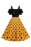 Zwarte Koude Schouder Polka Dots 1950s Jurk