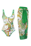 One Piece Green Printed High Waist Badmode met strandrok