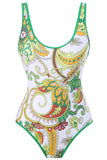 One Piece Green Printed High Waist Badmode met strandrok