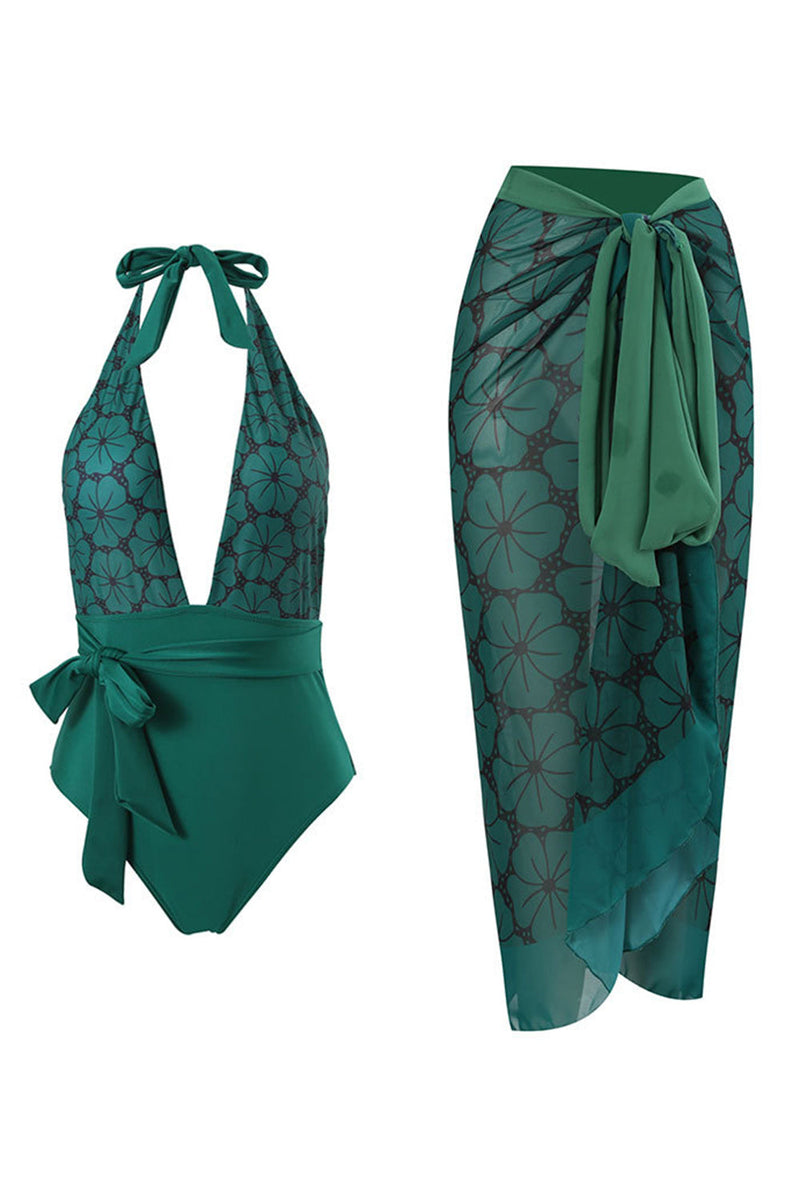 Afbeelding in Gallery-weergave laden, Halter hals groene badmode uit één stuk met strandrok