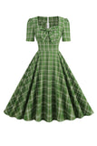 Groen geruite korte mouwen 1950s jurk met strik