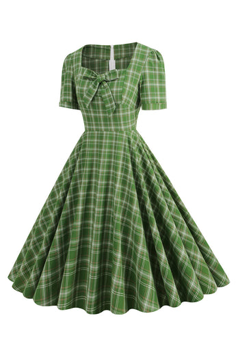 Groen geruite korte mouwen 1950s jurk met strik