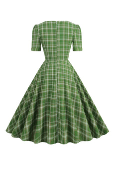 Groen geruite korte mouwen 1950s jurk met strik