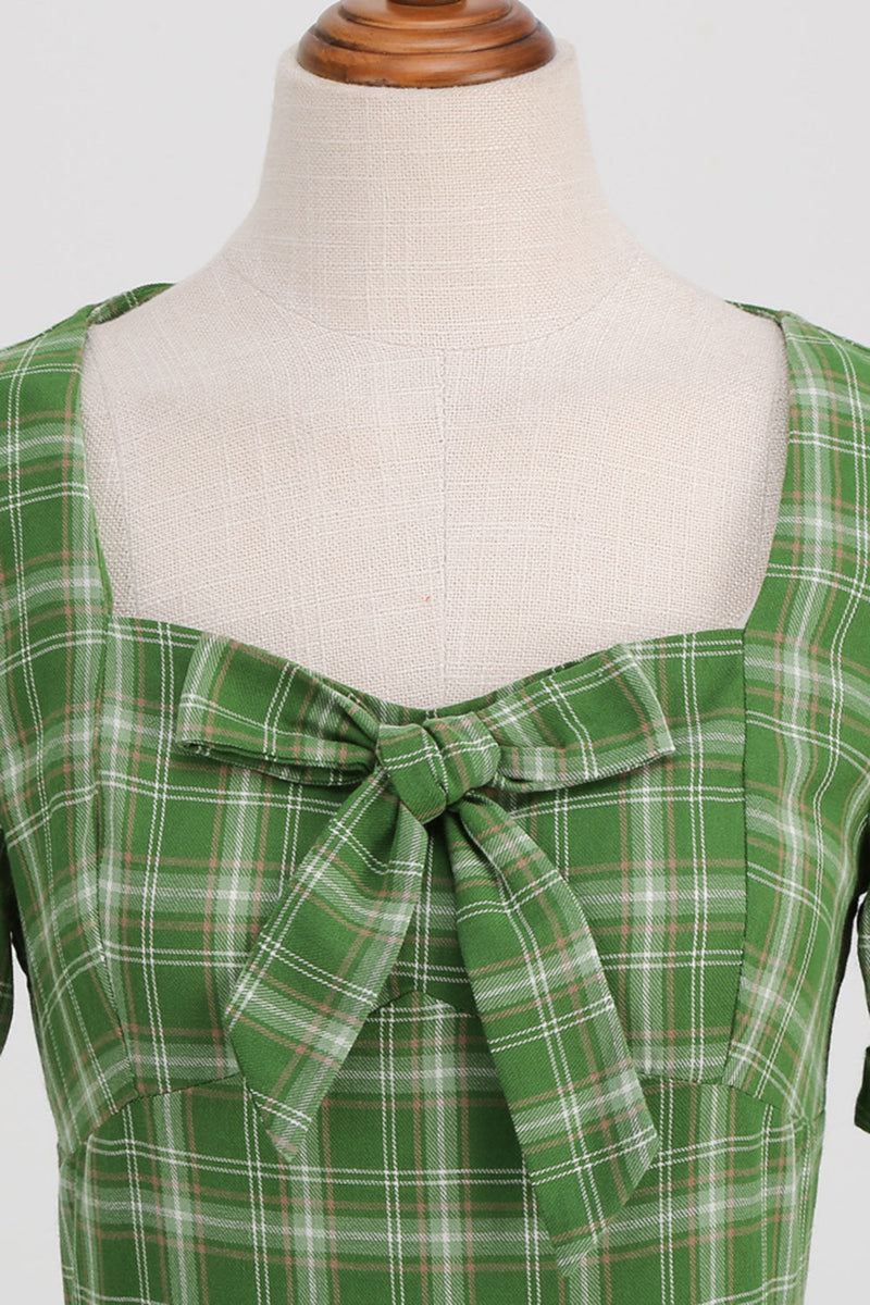 Afbeelding in Gallery-weergave laden, Groen geruite korte mouwen 1950s jurk met strik