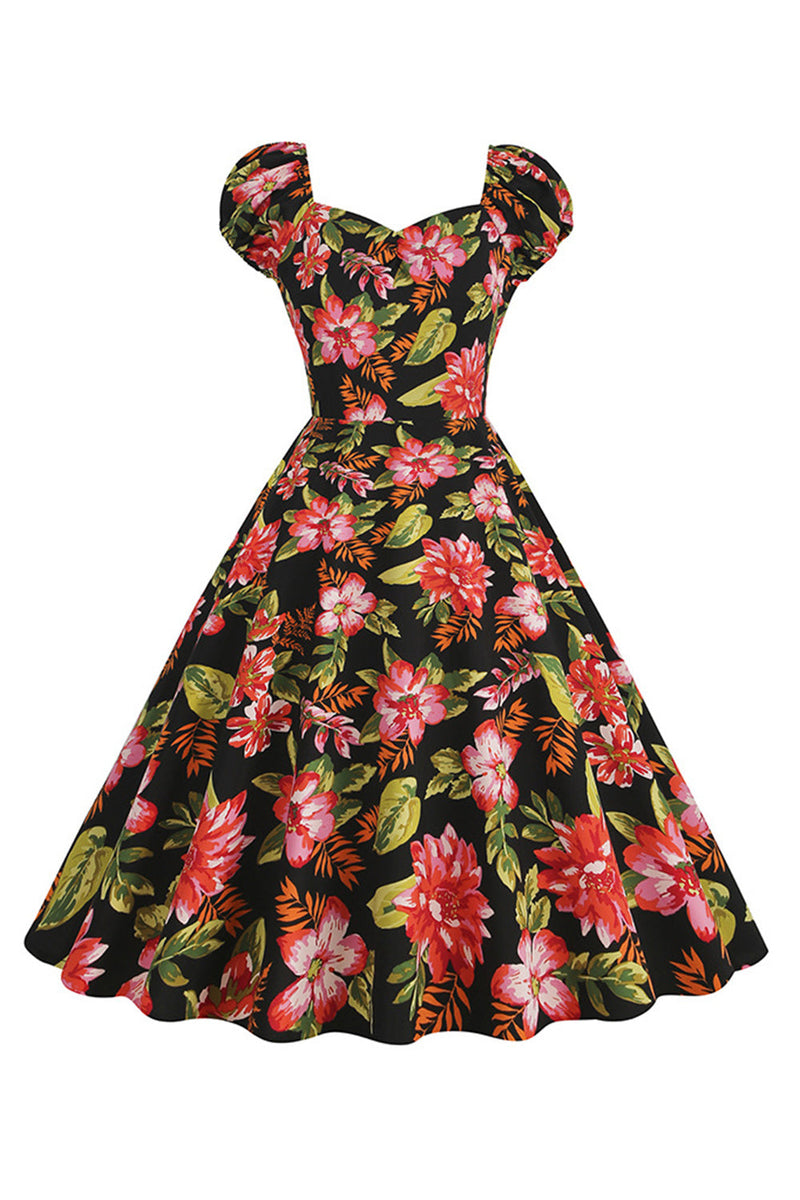Afbeelding in Gallery-weergave laden, Zwarte bloemenprint swing retro jurk met korte mouwen