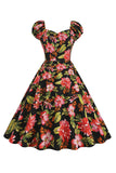 Zwarte bloemenprint swing retro jurk met korte mouwen