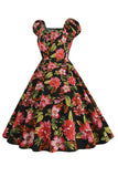 Zwarte bloemenprint swing retro jurk met korte mouwen