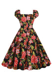 Zwarte bloemenprint swing retro jurk met korte mouwen