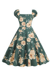 Zwarte bloemenprint swing retro jurk met korte mouwen