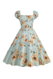 Zwarte bloemenprint swing retro jurk met korte mouwen