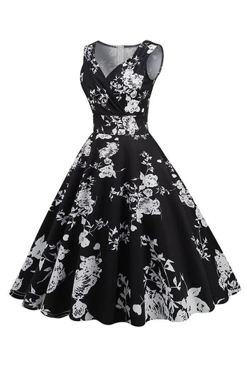 Zwarte V-hals print mouwloze jurk uit de jaren 1950
