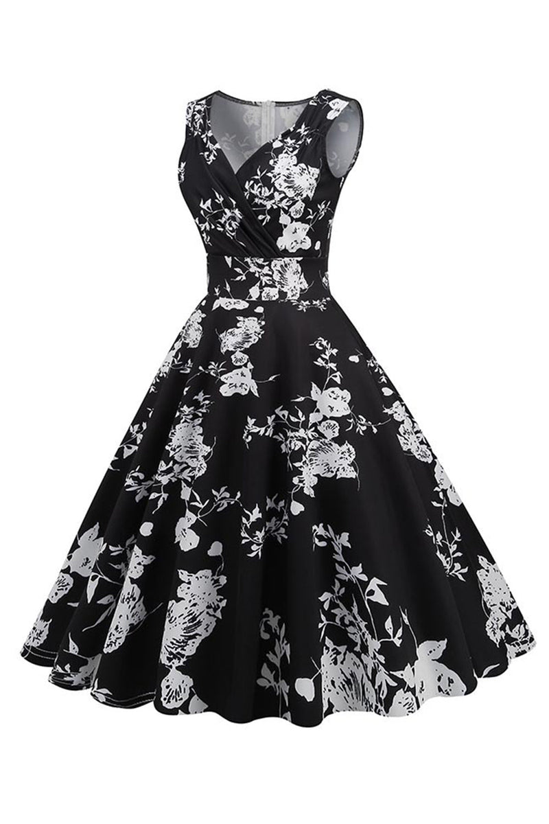 Afbeelding in Gallery-weergave laden, Zwarte V-hals print mouwloze jurk uit de jaren 1950