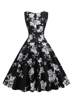 Zwarte V-hals print mouwloze jurk uit de jaren 1950