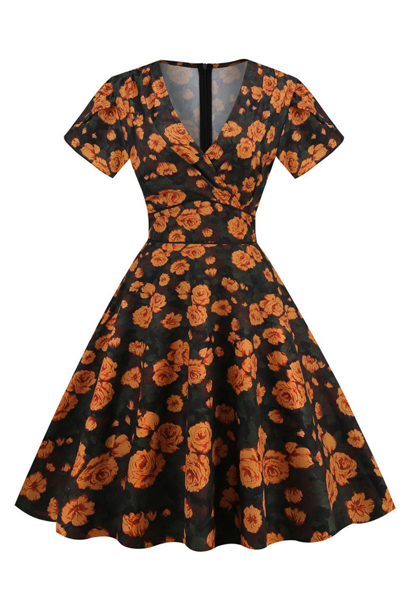 Afbeelding in Gallery-weergave laden, Roze V-hals bloem print swing vintage jurk