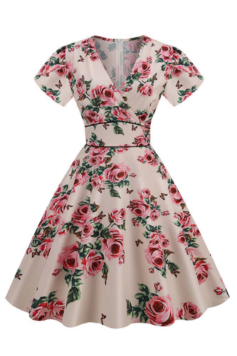 Roze V-hals bloem print swing vintage jurk