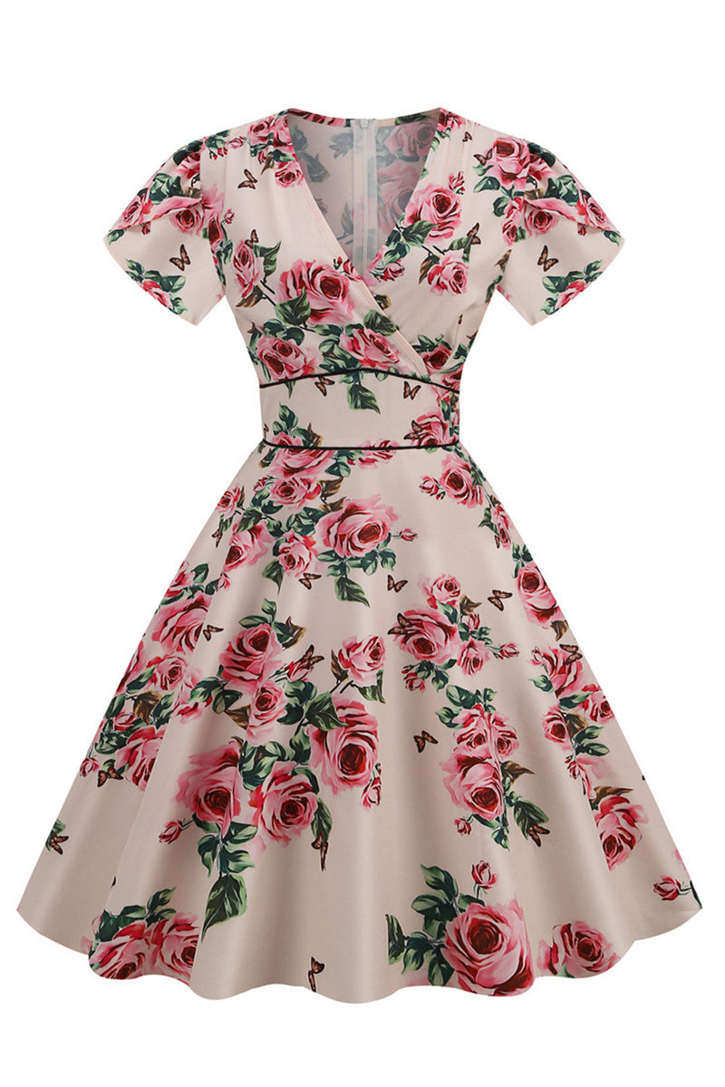 Afbeelding in Gallery-weergave laden, Roze V-hals bloem print swing vintage jurk